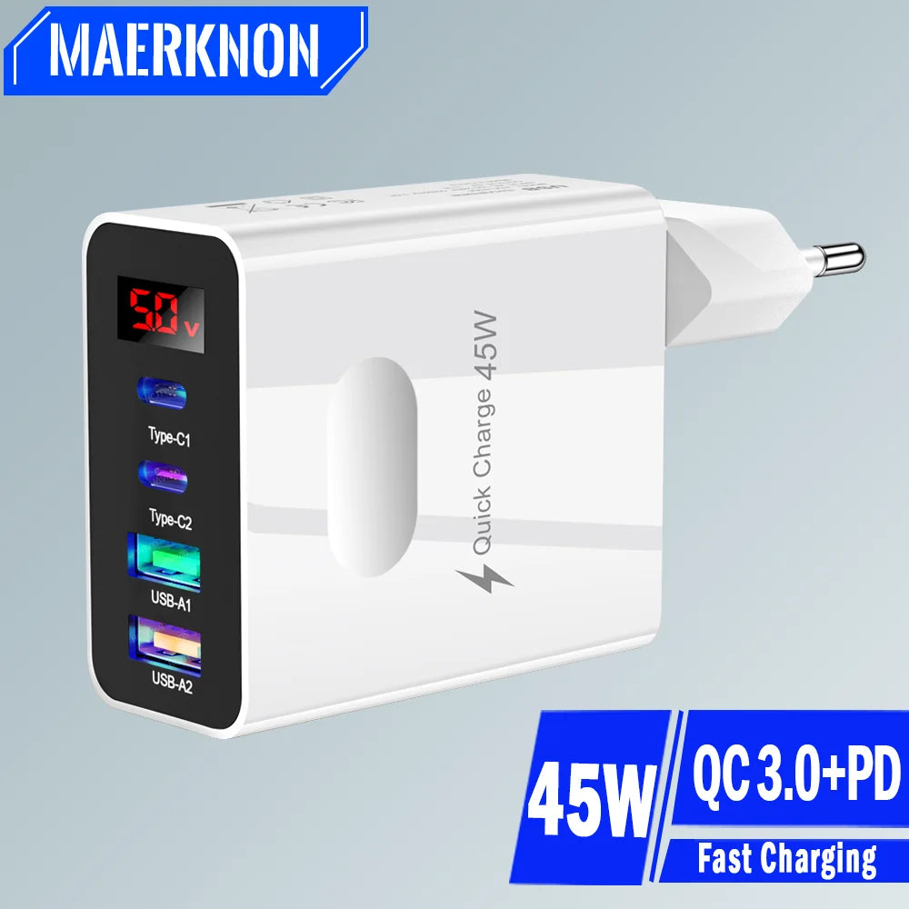 45W Fast Charger — 4-Port USB-C & USB-A Wall Adapter with Digital Display | Compatible with iPhone, Samsung, Xiaomi & More