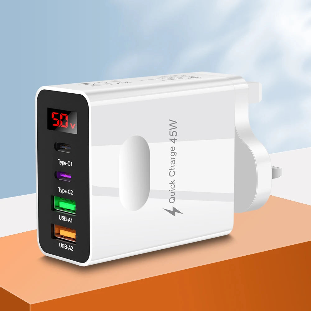 45W Fast Charger — 4-Port USB-C & USB-A Wall Adapter with Digital Display | Compatible with iPhone, Samsung, Xiaomi & More