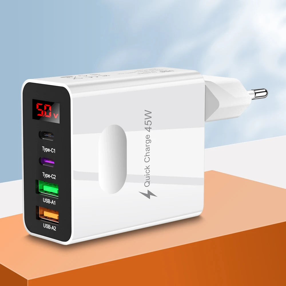 45W Fast Charger — 4-Port USB-C & USB-A Wall Adapter with Digital Display | Compatible with iPhone, Samsung, Xiaomi & More