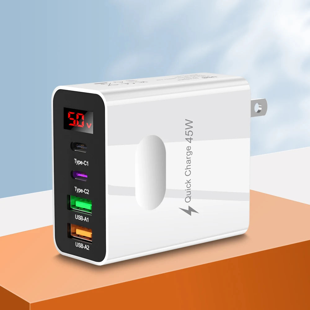 45W Fast Charger — 4-Port USB-C & USB-A Wall Adapter with Digital Display | Compatible with iPhone, Samsung, Xiaomi & More