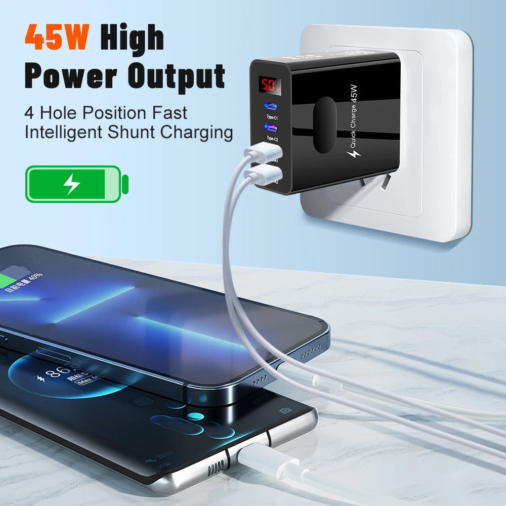 45W Fast Charger — 4-Port USB-C & USB-A Wall Adapter with Digital Display | Compatible with iPhone, Samsung, Xiaomi & More