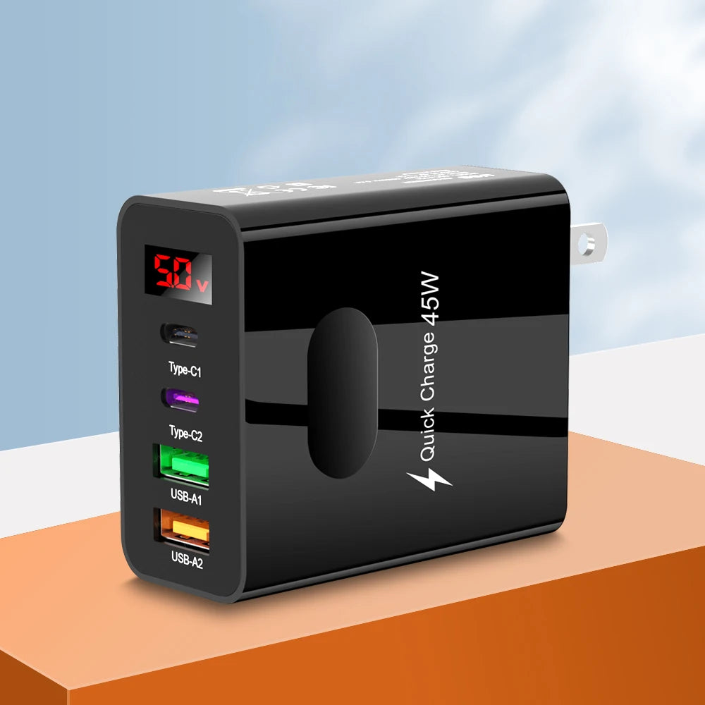 45W Fast Charger — 4-Port USB-C & USB-A Wall Adapter with Digital Display | Compatible with iPhone, Samsung, Xiaomi & More